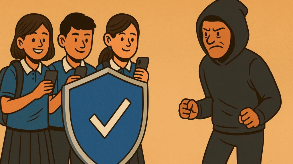 Students confidently holding a digital shield while a hacker stands at a distance, unable to reach them